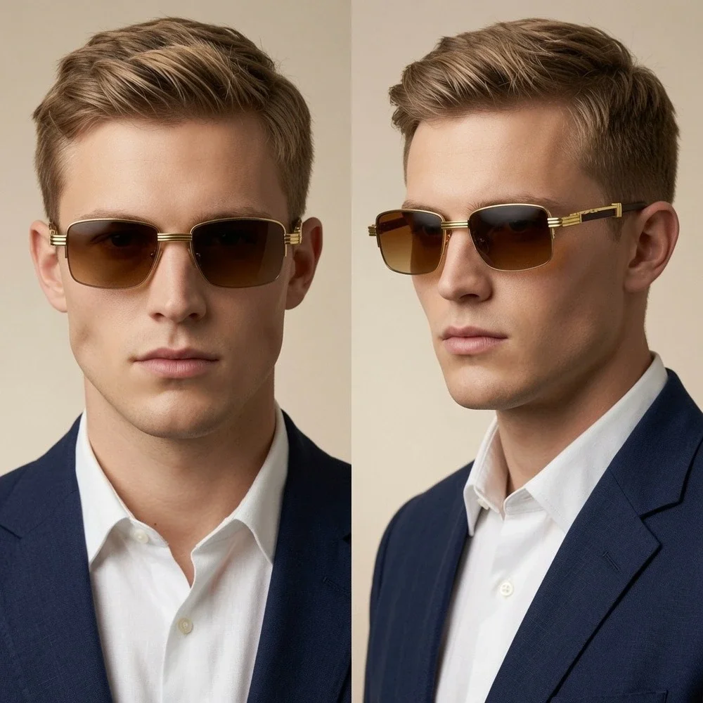 Men Sunglasses Vintage eyewear Sophisticated brown tinted Lens glass gold trim